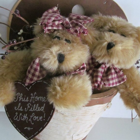 Valentine Country Primitive Teddy Bears White Birch Basket Rustic Cabin Decor - Picture 2 of 4
